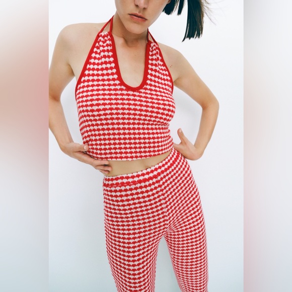 ZARA KNIT RED WHITE HALTER CROP TOP - Picture 8 of 10